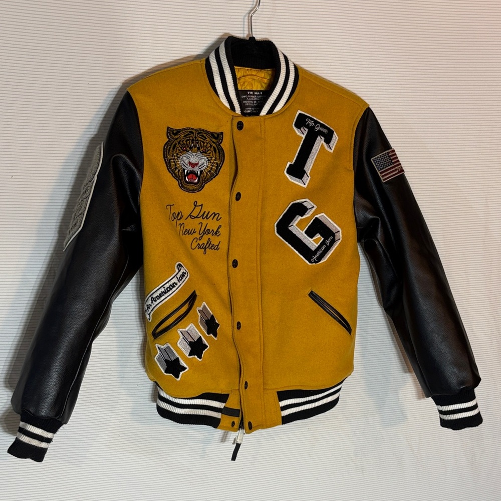 New York Top Gun Men’s US Air force Yellow and Black Tiger Varsity Jacket- 12